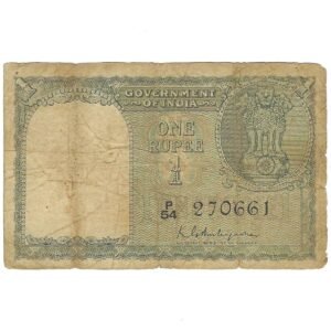 A-02 ~ 1 RUPEE NOTE ~ K G AMBEGAONKAR ~ FLORAL MOTIF ~ 1950 ~ INSET "PLAIN" ~ PREFIX "P" ~ X RARE ~ DATE 27th JUNE 61