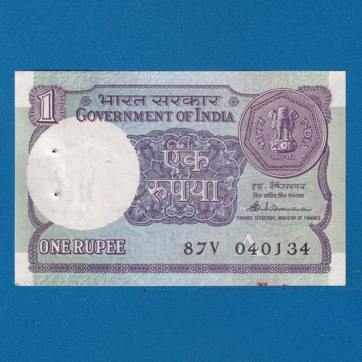 A-52 ~ 1 RUPEE NOTE ~ S VENKITARAMNAN ~ SMALL COIN ~ 1989 ~ INSET "A" ~ PREFIX "V" ~ DATE : 4th JANUARY 34