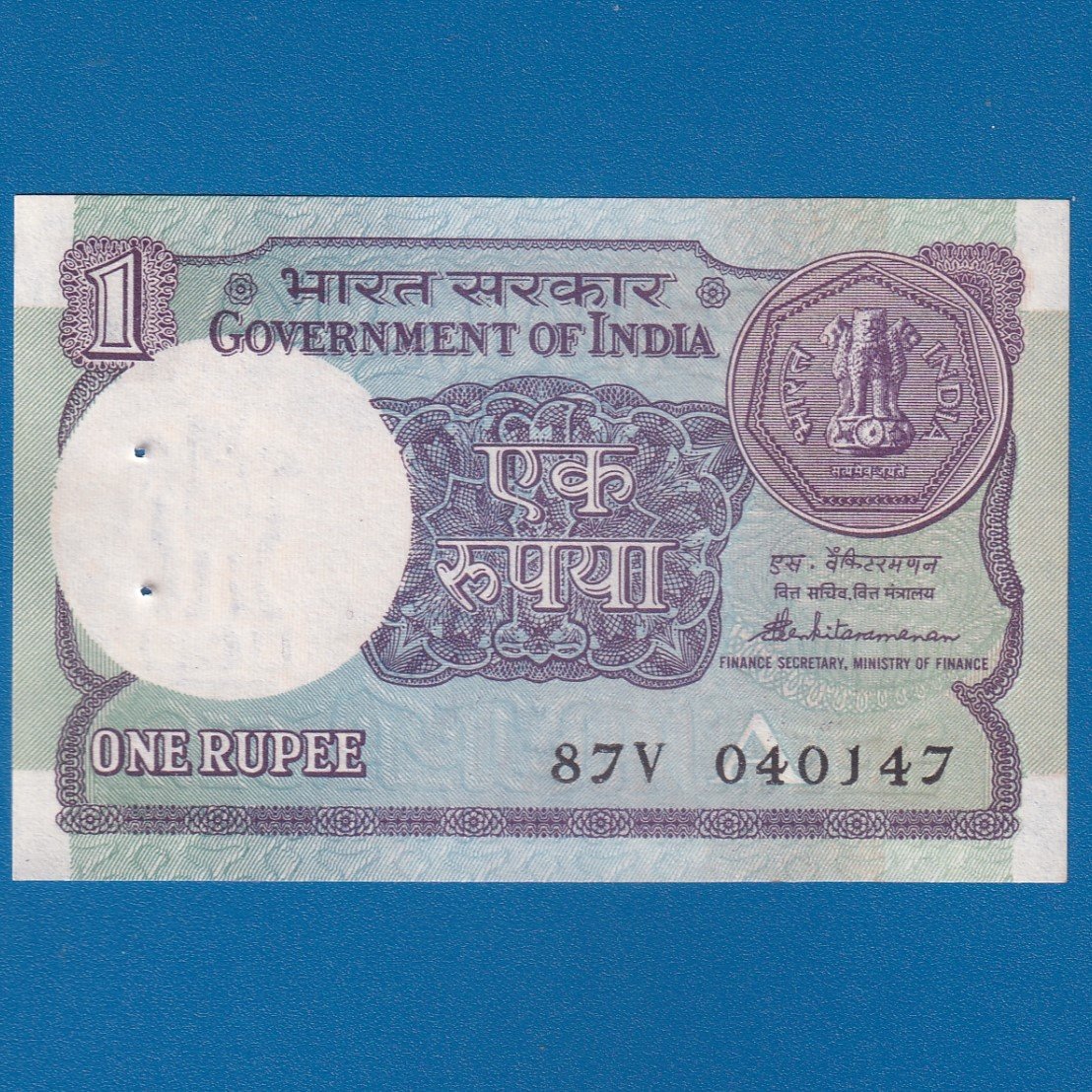 A-52 ~ 1 RUPEE NOTE ~ S VENKITARAMNAN ~ SMALL COIN ~ 1989 ~ INSET "A" ~ PREFIX "V" ~ DATE : 4th JANUARY 47