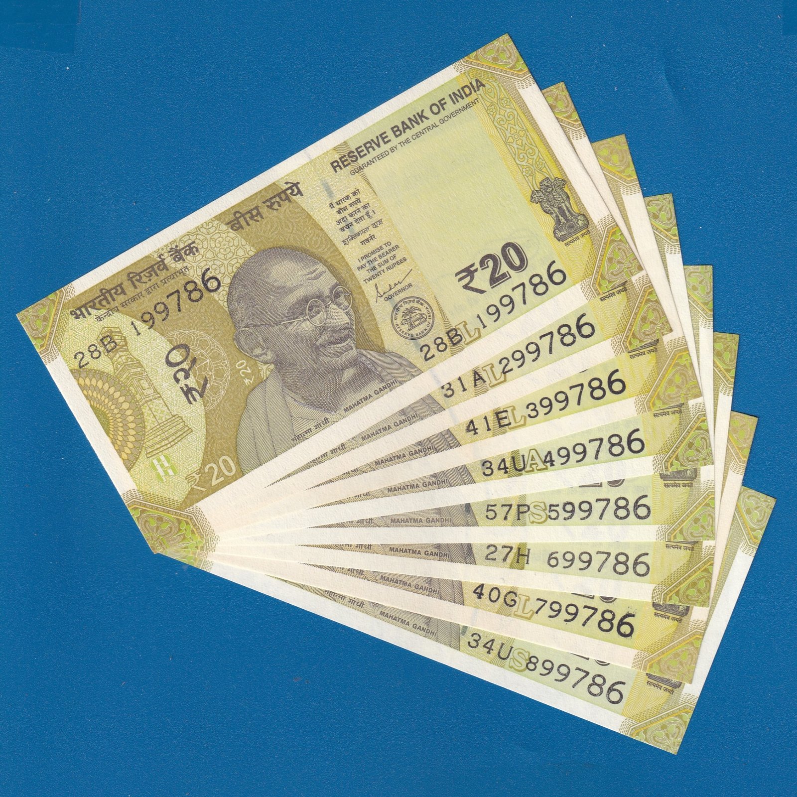20 RUPEES ~ ELLORA CAVES ~ FANCY NUMBER 8 NOTES SET ~ SERIAL 199786 TO 899786 ~ RARE SET