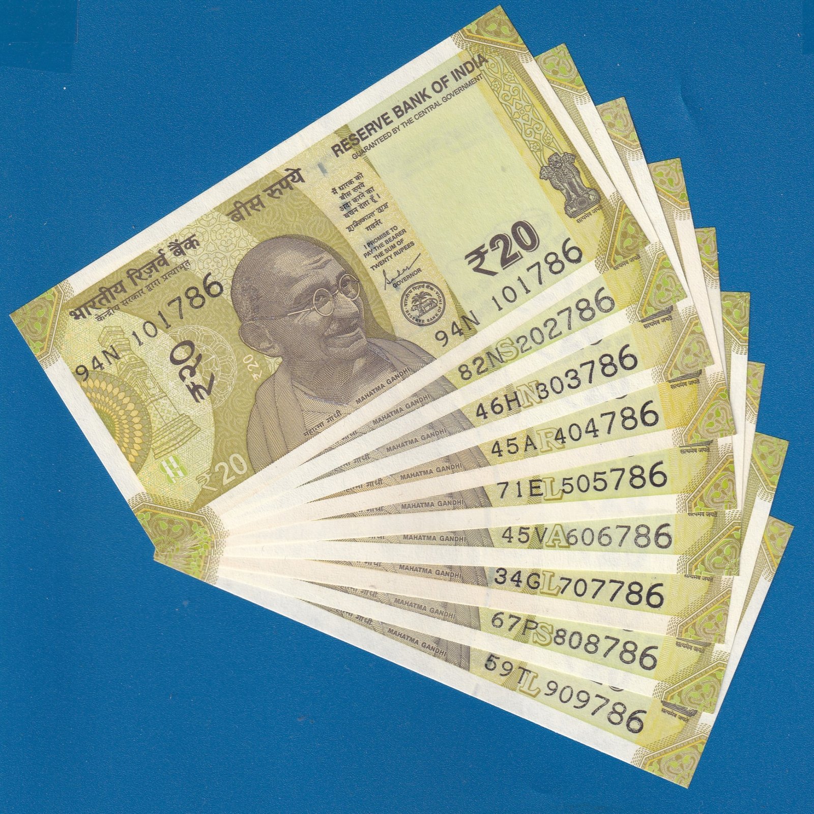 20 RUPEES ~ ELLORA CAVES ~ FANCY NUMBER 9 NOTES SET ~ SERIAL 101786 TO 909786 ~ RARE SET