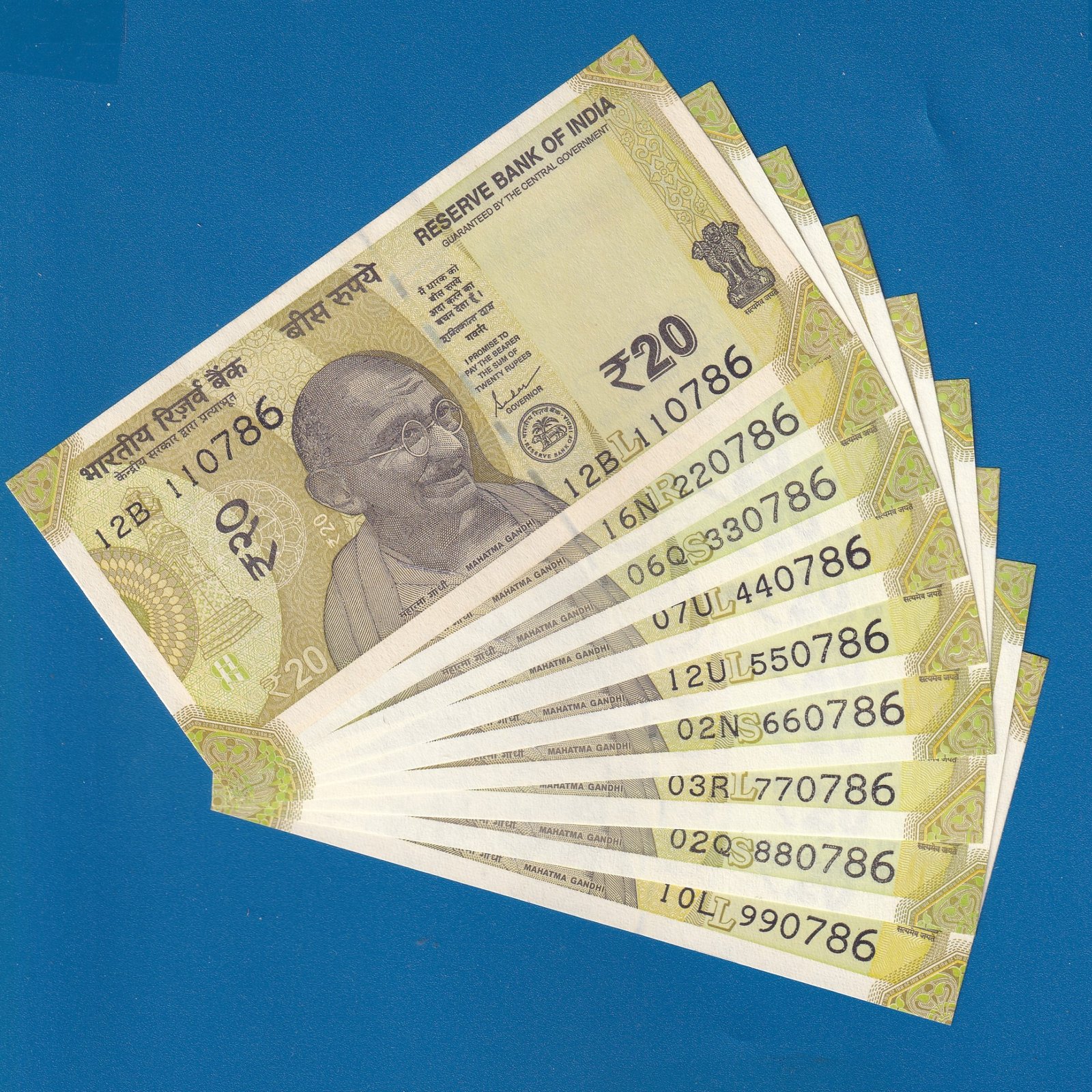 20 RUPEES ~ ELLORA CAVES ~ FANCY NUMBER 9 NOTES SET ~ SERIAL 110786 TO 990786 ~ RARE SET
