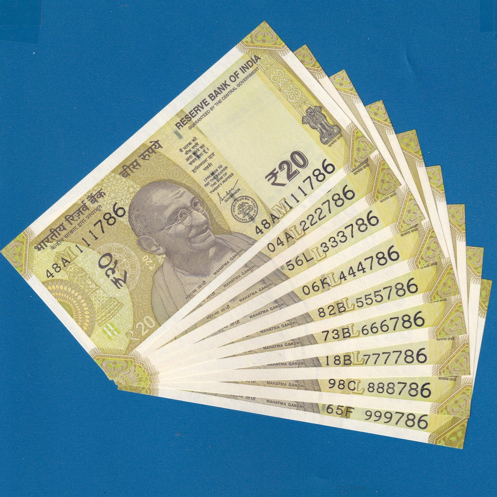 20 RUPEES ~ ELLORA CAVES ~ FANCY NUMBER 9 NOTES SET ~ SERIAL 111786 TO 999786 ~ RARE SET