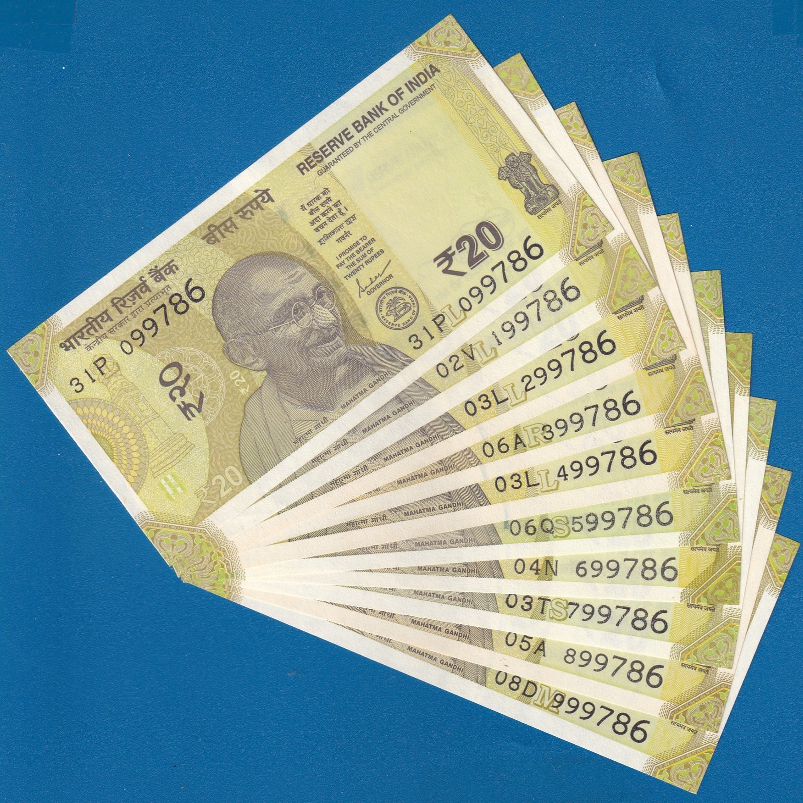 20 RUPEES ~ ELLORA CAVES ~ FANCY NUMBER 10 NOTES SET ~ SERIAL 099786 TO 999786 ~ RARE SET